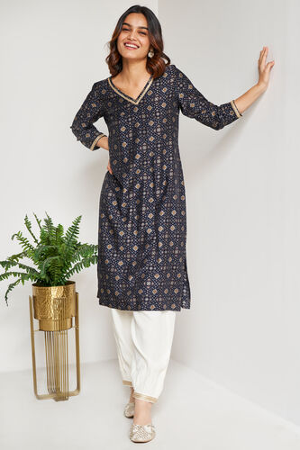 Indigo Geometric Lace Straight Kurta, Indigo, image 1